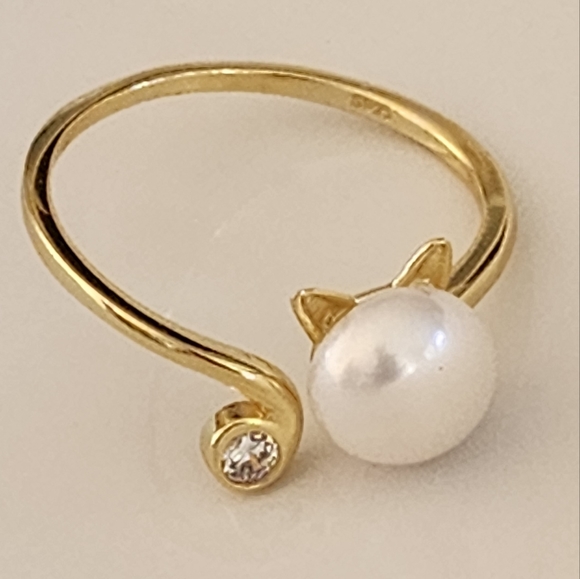 925S Real 8mm Cultured Freshwater Pearl Cat Shape Gold Ring - Adjustable - Picture 16 of 16